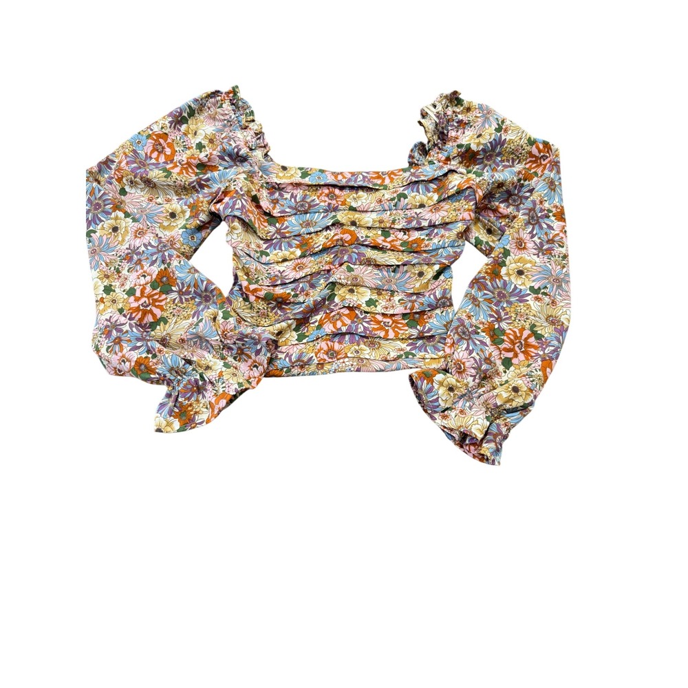 Entro Floral Ruched Crop Top Small Multicolor Long Sleeve Square Neck